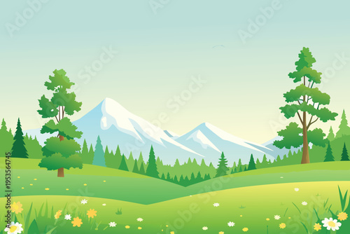 A peaceful landscape featuring mountains trees and a green meadow