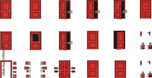 Red Door Icon and Security Lock Vector Illustration Set with Open Closed Doors, Handles, Hinges, and Entrance Access Design Collection