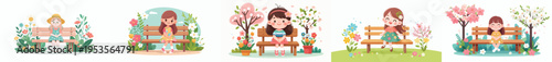 vector of a little girl sitting together on a park bench during spring