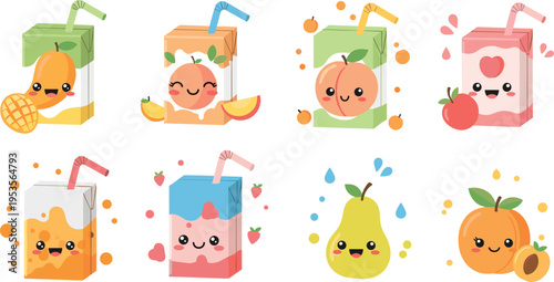 Cute Fruit Juice Boxes Vector Illustration Set with Kawaii Cartoon Drinks, Straw Packs, Orange, Apple, Peach, Pear, and Healthy Beverage Characters