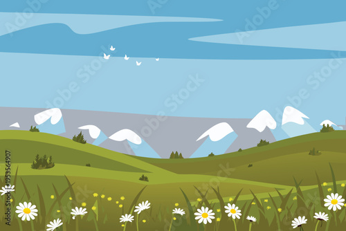 Scenic landscape featuring snow capped mountains and green meadows