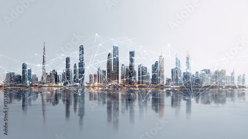 Modern city skyline with network connections and skyscrapers by water