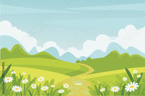 A peaceful landscape with rolling hills a path and flowers