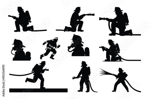 Black silhouettes of firefighters in various poses with equipment