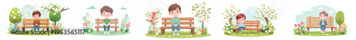 vector of a little boy sitting together on a park bench during spring