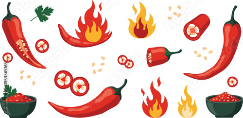 Red Chili Pepper and Spicy Food Vector Illustration Set with Hot Flames, Sliced Peppers, Seeds, and Cooking Ingredient Elements Collection