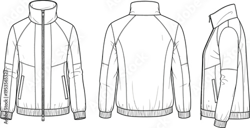 Zip jacket front back and side views vector illustration casual outerwear apparel mockup template sportswear clothing design collection