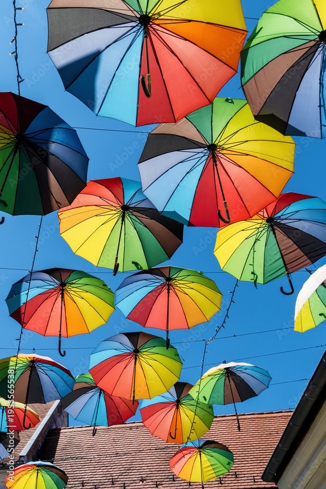 Obraz premium Vibrant rainbow umbrellas suspended under a clear blue sky. A joyful, colorful display perfect for summer, travel, celebration