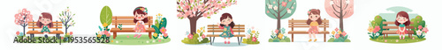 vector of a little girl sitting together on a park bench during spring