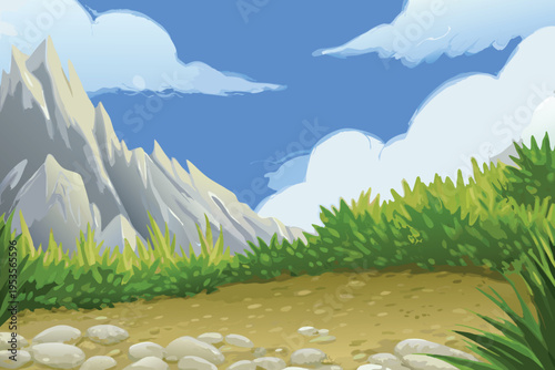 Cartoon landscape with mountains grass and a bright blue sky