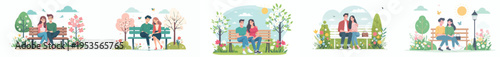 vector of a couple sitting together on a park bench during spring