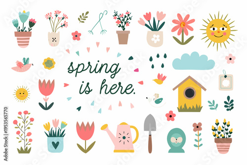 A colorful spring illustration featuring flowers sun birdhouse and other elements