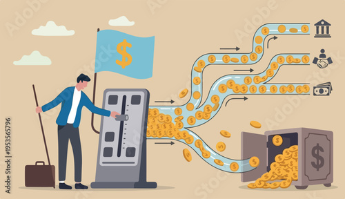 Cash flow, investment fund raising bank loan financial activity making money profit concept, Businessman leader investor holding flag control flow money Dollar coins.