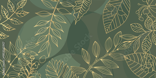 Elegant botanical pattern featuring golden leaves and overlapping dark green shapes