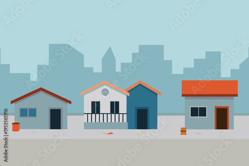 A simplified cityscape featuring colorful houses and a skyline