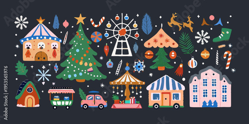 Festive christmas town illustration with trees buildings and decorations