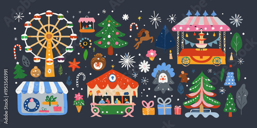 Colorful illustration depicting a whimsical winter carnival scene with various attractions
