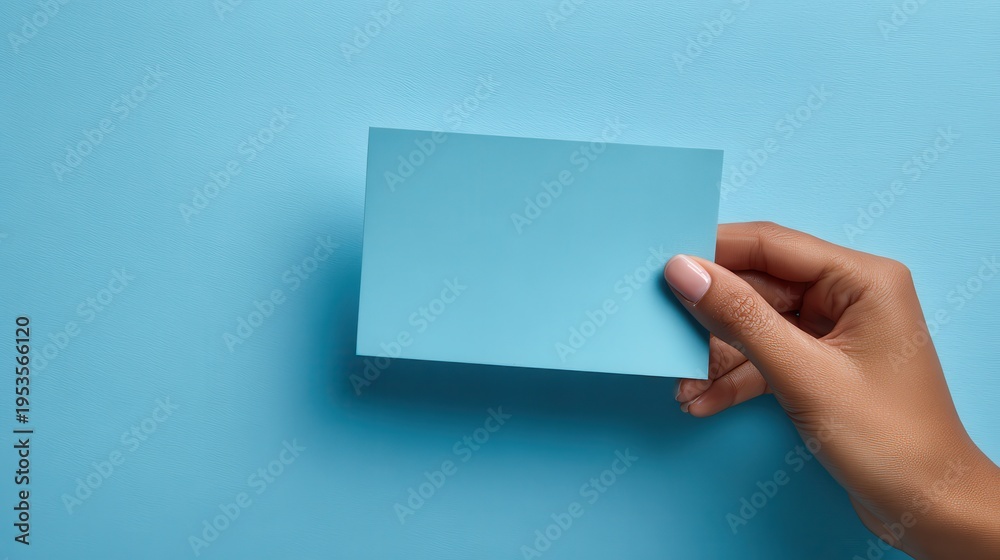 Obraz premium Vibrant photo of Hand holding a blank light blue sticky note against a blue background