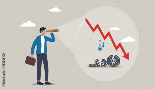 Economic forecast downturn, vision to see recession, stock market financial failure going down concept, businessman look telescope falling down red arrow graph the future