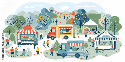 A vibrant outdoor food festival scene with various stalls and people