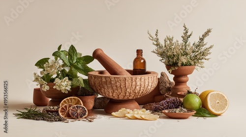 Herbal medicine ingredients and tools on a beige background