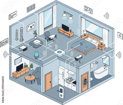 Smart home isometric interior with connected IoT devices, wireless technology system, modern apartment automation concept with digital network signals