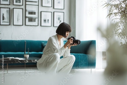Female photographer crouching with camera in modern interior