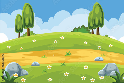 A vibrant green landscape with trees flowers and rocky details