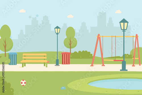 A colorful park scene with playground benches and city backdrop