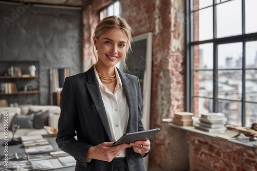 Confident businesswoman using tablet in modern office