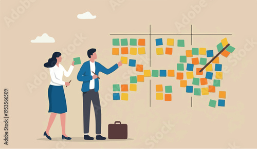Business brainstorming meeting target solution solve problem scrum agile method concept, businessman and woman coworkers, colleagues holding pencil with sticky notes on wall.