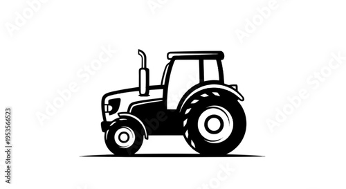 Black and white line drawing of a modern agricultural tractor isolated on transparent background, Vector
