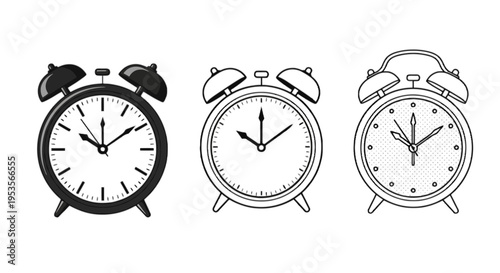 Vintage-style analog clocks with different faces and hands designs isolated on transparent background, Vector