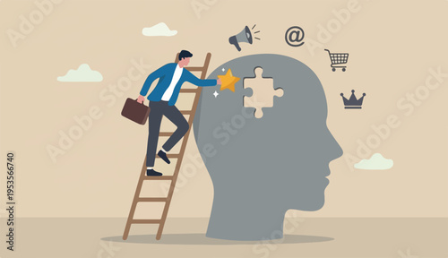 Brand recognition, marketing idea ads advertising commercial trademark brand loyalty, consumer into recognize brand, businessman holding star climb up ladder put consumer brain