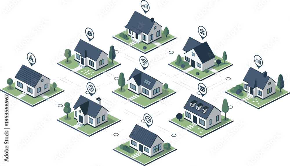 Fototapeta premium Smart residential neighborhood with connected houses and IoT devices, modern community network infrastructure isometric vector illustration