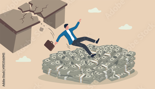 Insurance, reserve money or emergency fund on business failure, mistake accident, compensation money support an cushion concept, fail businessman falling huge big desk money banknotes safety cushion