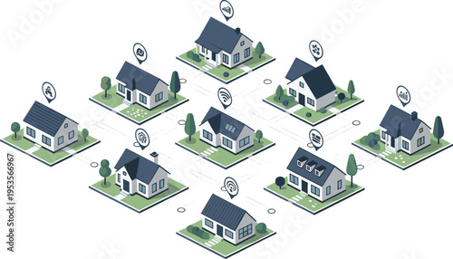 Smart residential neighborhood with connected houses and IoT devices, modern community network infrastructure isometric vector illustration