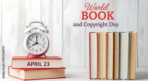 World book and copyright day concept with books and alarm clock