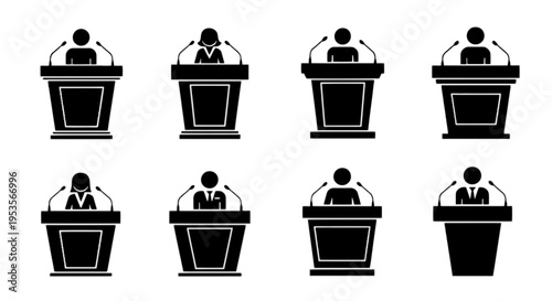 Black and white icons of people standing at podiums isolated on transparent background, Vector