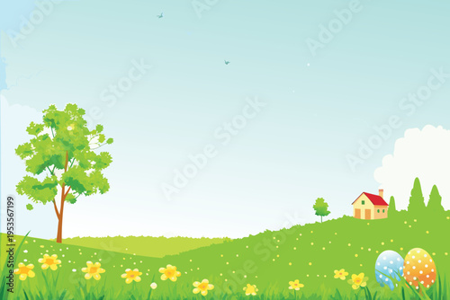 Pastoral springtime scene with a house trees and flowering meadow