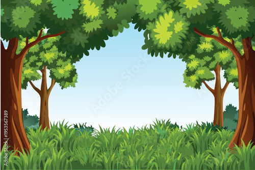 Lush green trees frame a bright blue open sky scene