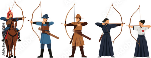 Traditional archers from different cultures set with medieval, nomadic and Japanese kyudo warriors, historical archery characters flat vector illustration