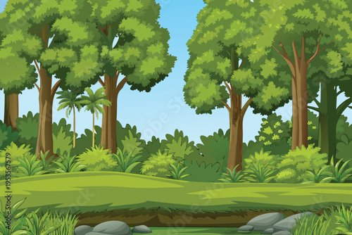 Lush green trees and plants create a vibrant forest scene