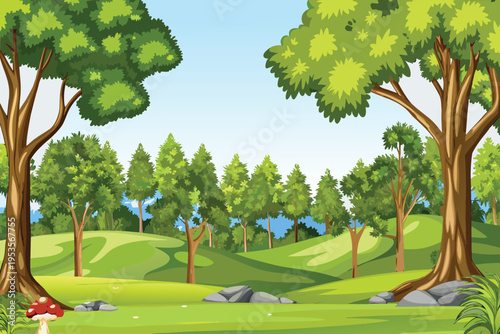 Lush green forest landscape with trees hills and blue sky