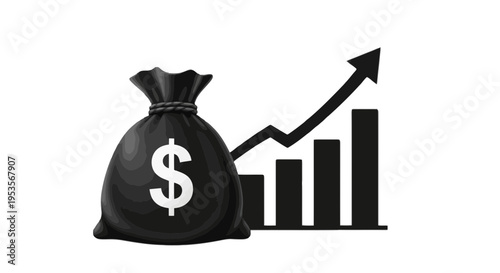 A black money bag with a dollar sign and a growing graph isolated on transparent background, Vector