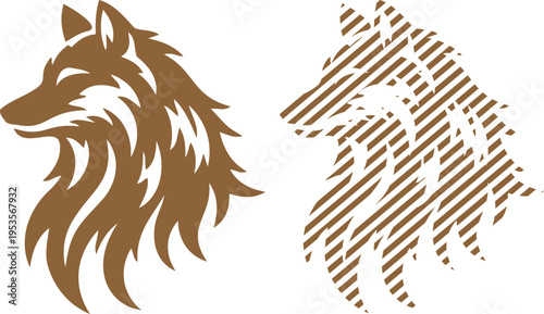 Vector brown wolf head graphic with striped texture variation