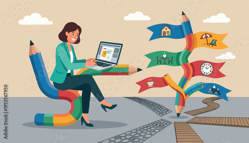 Flexible work, remote work anywhere anytime, employee choice or choose time location productivity creativity concept, cheerful woman enjoy working with to computer laptop flex bent pencil.