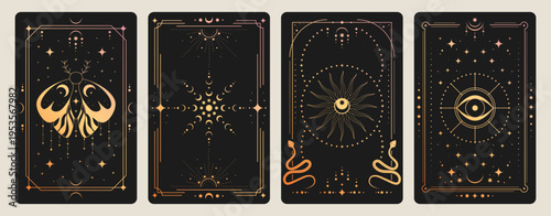 Mystical tarot card back with celestial sun, moon and stars in ornate golden frame, vector illustrations. Esoteric borders with magic symbols, spiritual snake, butterfly patterns for horoscope design