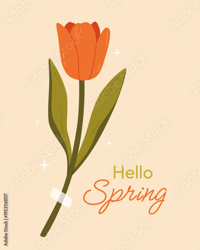 Pastel tulip Hello Spring greeting card in Scandinavian minimalist style, trendy floral vector illustration for seasonal decor and stationery.