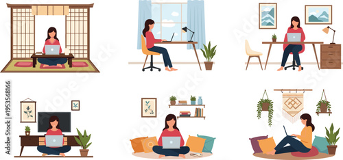 Woman working on laptop in different home interiors set, cozy workspace scenes with modern room decor flat vector illustration collection